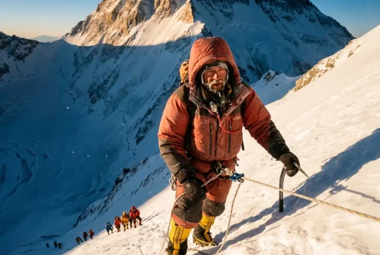 What an Everest Expedition Really Costs in 2026 Climber in a red down suit ascending a fixed line high on Everest at dawn on a 2026 expedition