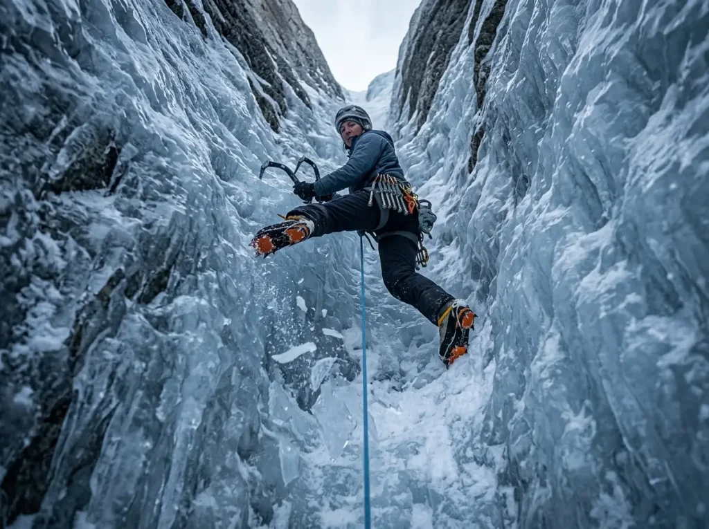 A climber swinging tools up a steep WI5 ice runnel on the Infinite Patience line of the Emperor Face