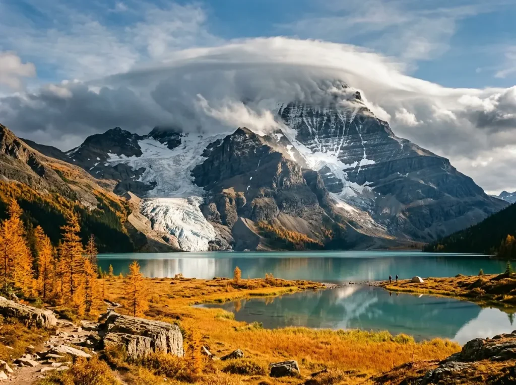 The Mount Robson summit wrapped in its own orographic cloud cap while the valley below stays clear
