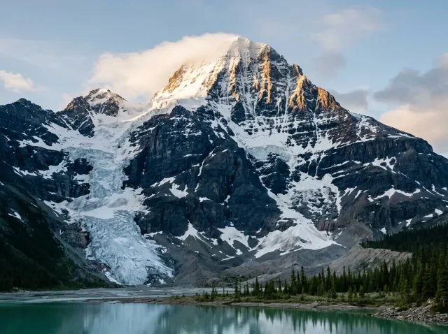 mount-robson-emperor-face-dawn-berg-lake The Mount Robson Emperor Face at dawn, its 1,500-meter northwest wall of ice and choss above Berg Lake