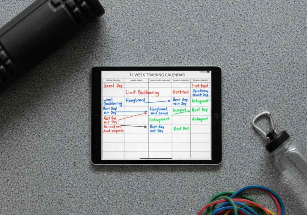 A tablet showing a 12-week climbing training plan, surrounded by a foam roller and resistance bands on a gym floor.