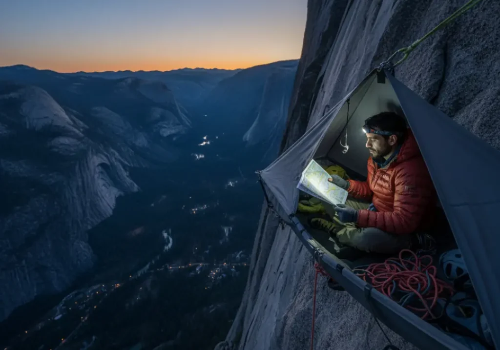 A male climber sits on a portaledge high on El Capitan at dusk, studying a route map with a headlamp.