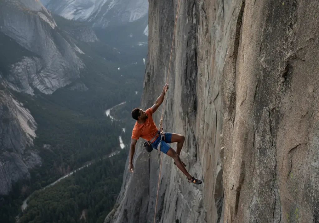 A male climber performs the spectacular King Swing pendulum high up on the sheer granite face of El Capitan.