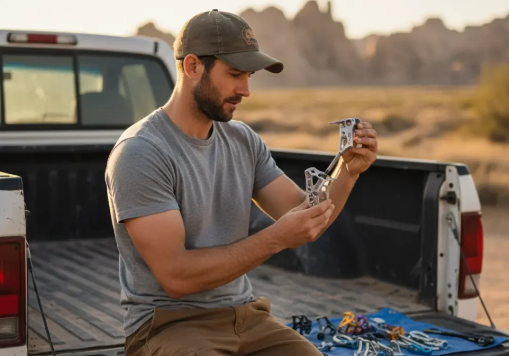A male climber in his late 20s sits on his truck's tailgate, carefully inspecting and maintaining his trad climbing gear.