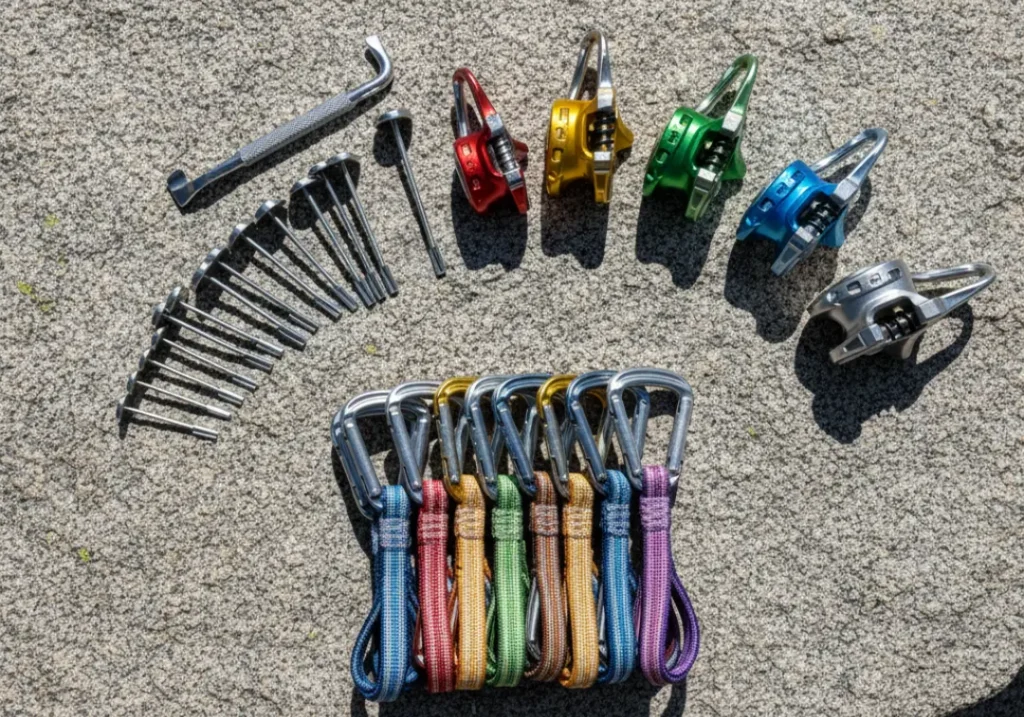 A complete starter trad rack, including cams, nuts, and alpine draws, laid out neatly on a granite rock surface.