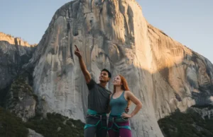 Beyond the Grade: What Historic Routes Teach Climbers Today A handsome man and a beautiful woman in athletic apparel stand at the bottom of a massive granite cliff, looking up at a historic climbing route.