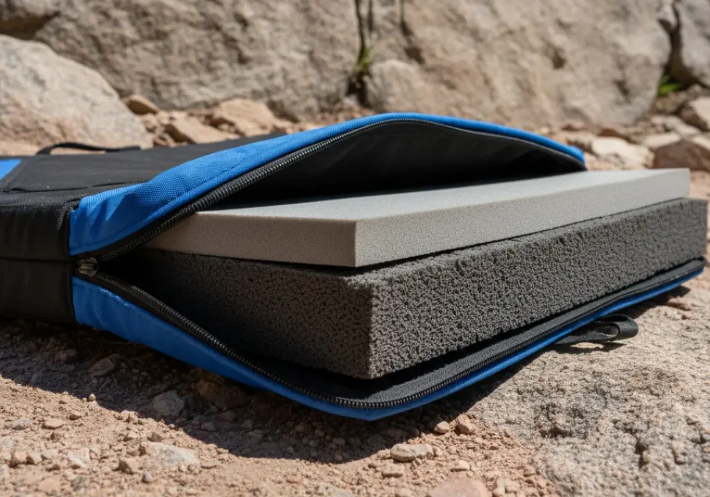 A detailed photo of an open crash pad on the ground, with its cover unzipped to show the different layers of protective foam inside.
