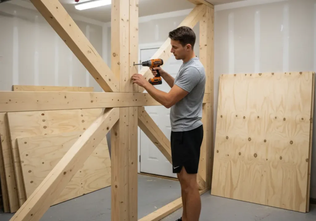 A fit man in his late 20s builds the structural 2x6 frame for a home climbing wall in his garage.