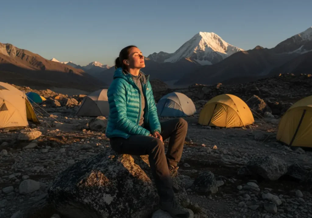 A full-body shot of a solo female climber resting on a rock at a high-altitude camp, taking a deep breath in the late afternoon sun.
