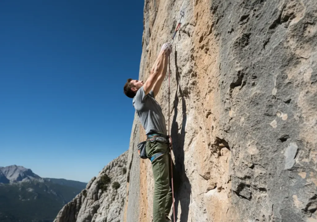 Full-body shot of a male climber in his late 20s successfully clipping the anchors at the top of a challenging sport climbing route.