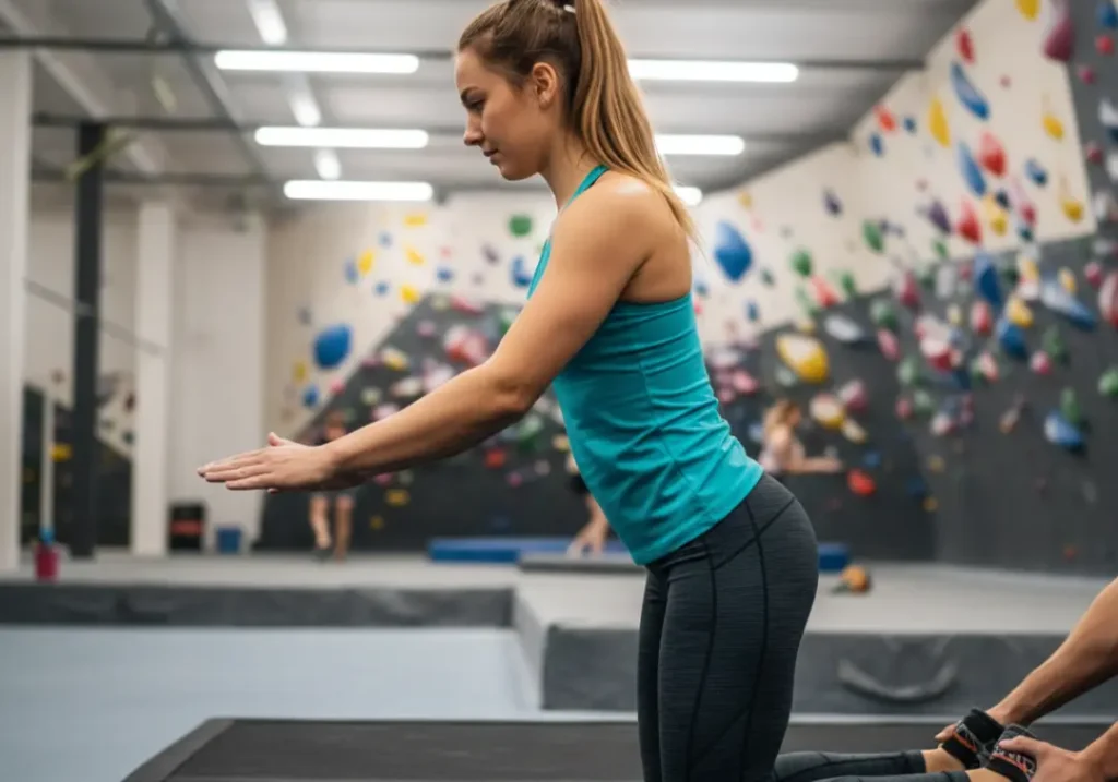 A fit woman in her late 20s performs a Nordic hamstring curl exercise in a climbing gym to build a resilient lower body and prevent hooking injuries.