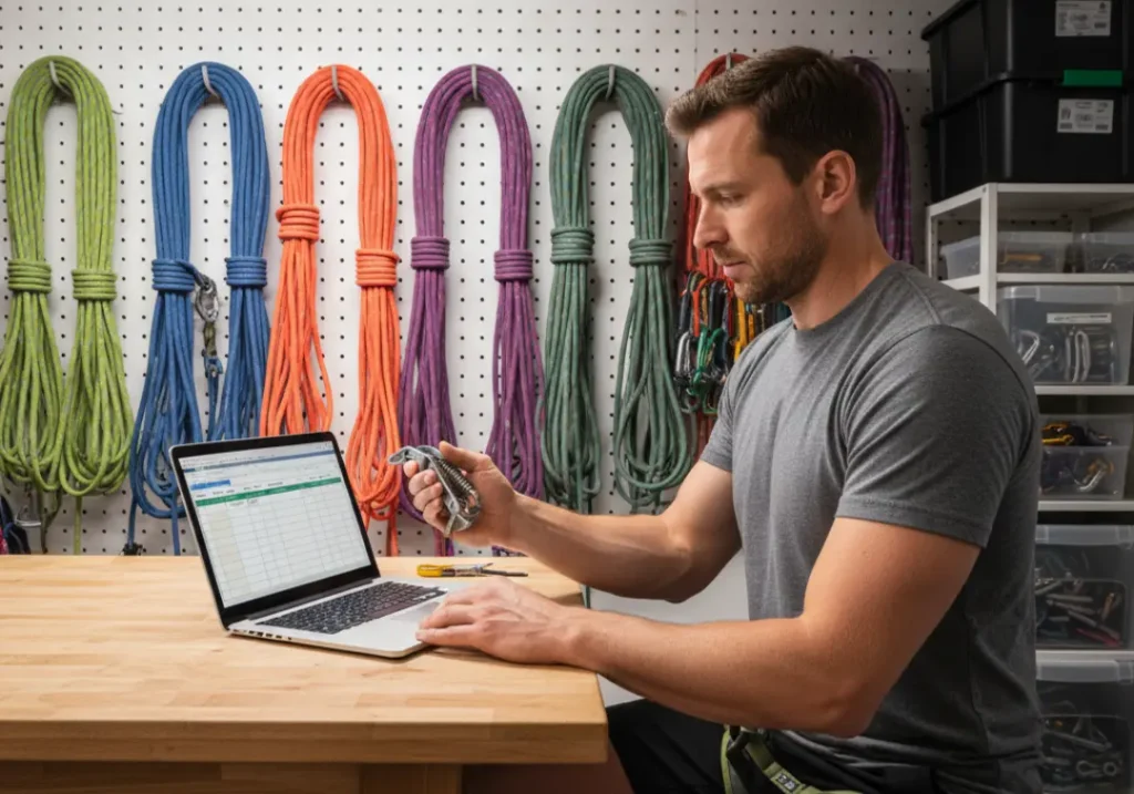 A man in his late 20s in his gear room, systematically logging his climbing equipment into a spreadsheet on his laptop.