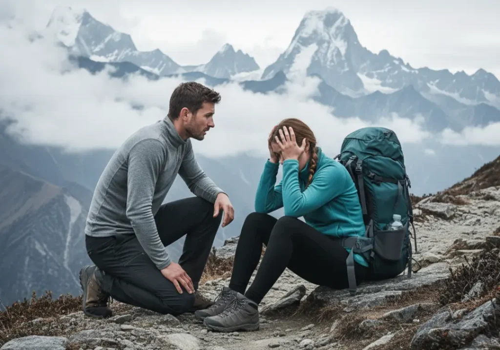 A man kneels to help his female trekking partner who is sitting on the trail and holding her head, suffering from altitude sickness.