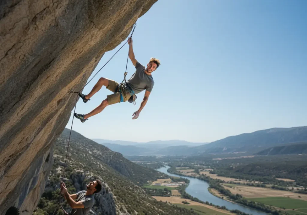 A male climber in his late 20s is captured mid-air during a safe, controlled fall while sport climbing, illustrating a setback.