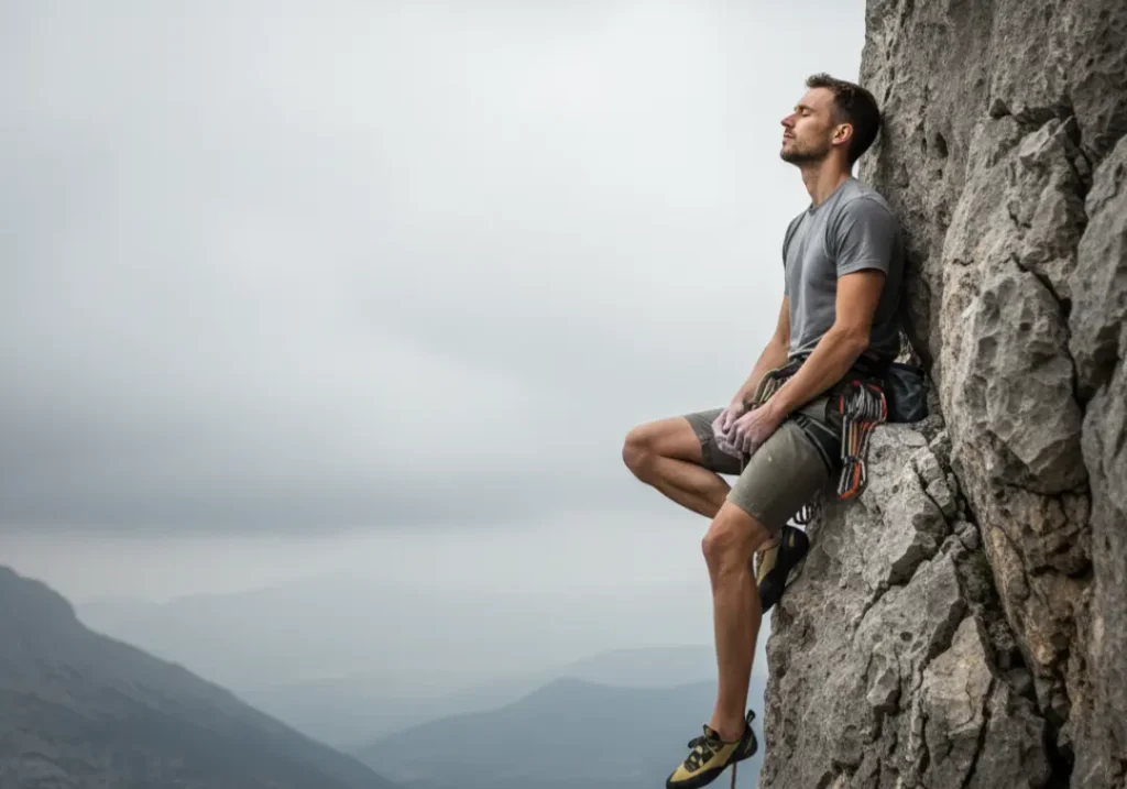 A male climber in his late 20s rests on a rock ledge, eyes closed in mental preparation for the climb ahead