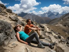 Altitude Sickness: A Climber’s Acclimatization Protocol A fit young couple in athletic trekking gear takes a break on a steep, rocky mountain trail under a bright sun.