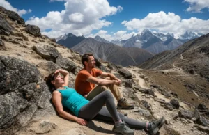 Altitude Sickness: A Climber’s Acclimatization Protocol A fit young couple in athletic trekking gear takes a break on a steep, rocky mountain trail under a bright sun.