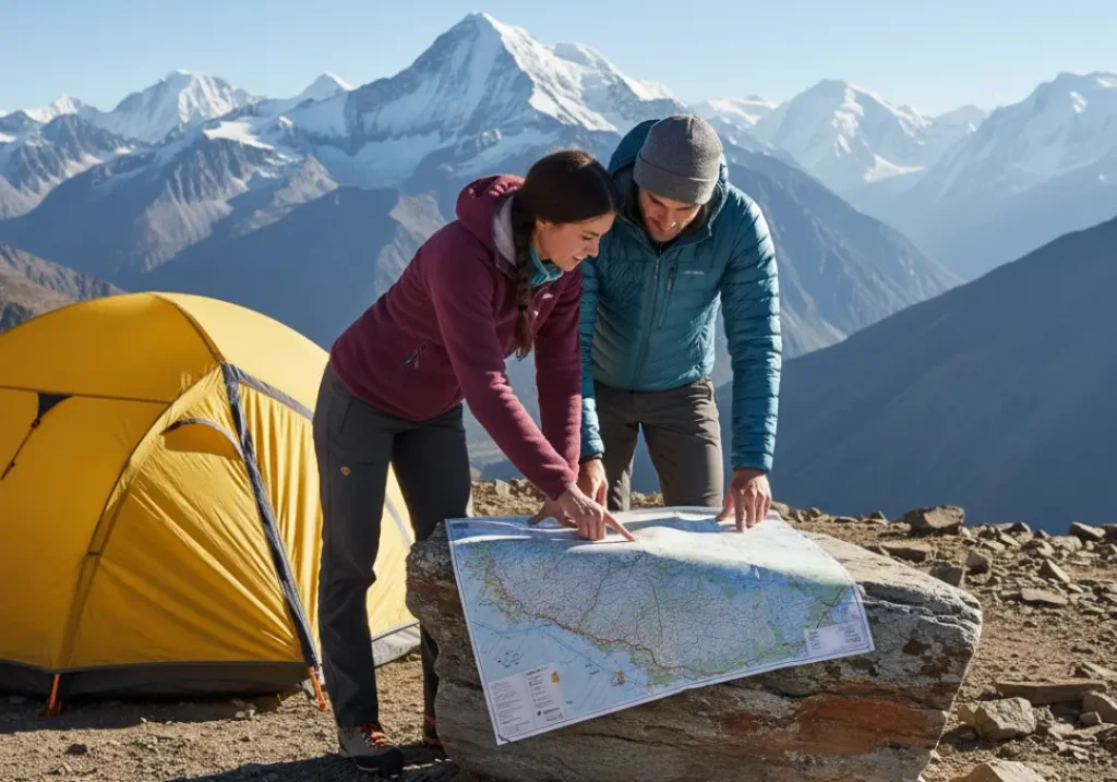 A full-body shot of a young couple in climbing gear planning their route with a map outside their tent in the mountains.