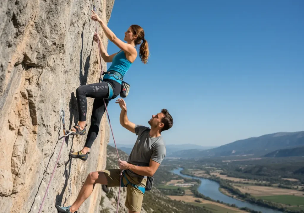 A couple in their late 20s works together to figure out the moves on a rock climbing project, captured in a full-body horizontal shot.