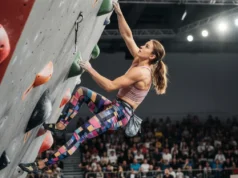Climbing as a Sport: The Official Criteria Explained A fit female climber in athletic apparel competing on a bouldering wall in a large, modern arena filled with spectators.
