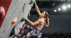 Climbing as a Sport: The Official Criteria Explained A fit female climber in athletic apparel competing on a bouldering wall in a large, modern arena filled with spectators.