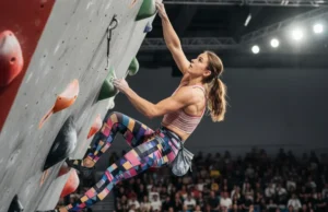 Climbing as a Sport: The Official Criteria Explained A fit female climber in athletic apparel competing on a bouldering wall in a large, modern arena filled with spectators.
