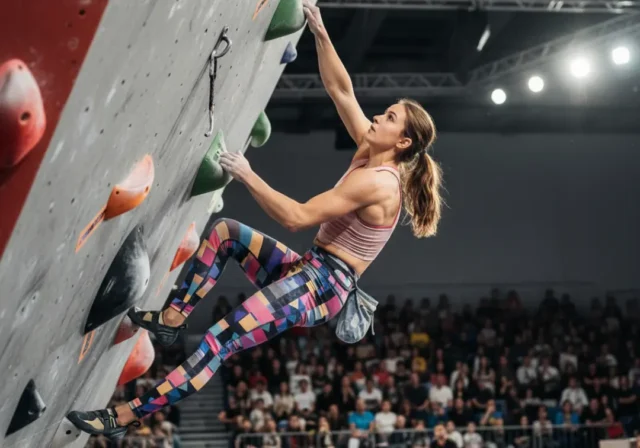 climbing-as-sport-criteria A fit female climber in athletic apparel competing on a bouldering wall in a large, modern arena filled with spectators.