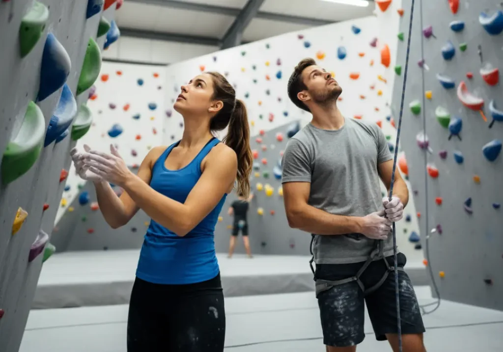 A man and woman in a climbing gym, with the woman at the bouldering wall and the man at the base of the lead climbing wall, showcasing different disciplines.