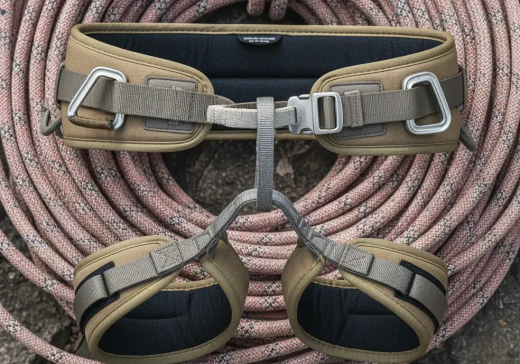 A detailed close-up of a modern trad climbing harness, showing the padded waistbelt, multiple gear loops, and an adjustable buckle.