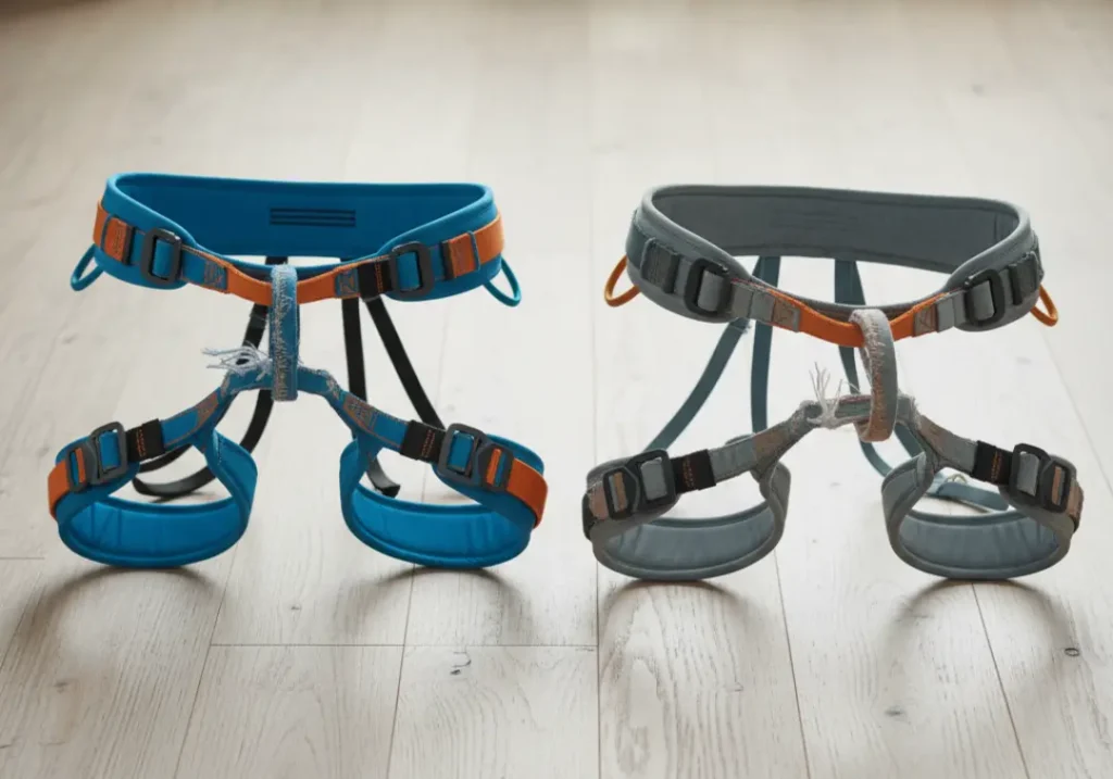 A side-by-side comparison of a new climbing harness and a worn-out, faded old harness, showing the effects of age and use.