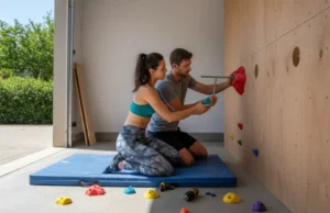 How to Mount Climbing Holds for Max Safety & Durability A fit couple in their late 20s works together to mount colorful climbing holds on a new wooden home climbing wall in their garage.