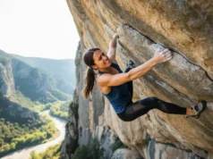 Climbing Redpoint Tactics: The Complete Mastery Guide A full-body shot of a fit woman in her late 20s sport climbing on a steep rock face