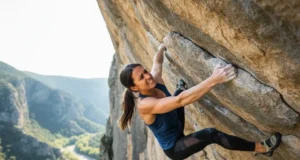 Climbing Redpoint Tactics: The Complete Mastery Guide A full-body shot of a fit woman in her late 20s sport climbing on a steep rock face