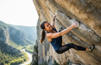 Climbing Redpoint Tactics: The Complete Mastery Guide A full-body shot of a fit woman in her late 20s sport climbing on a steep rock face
