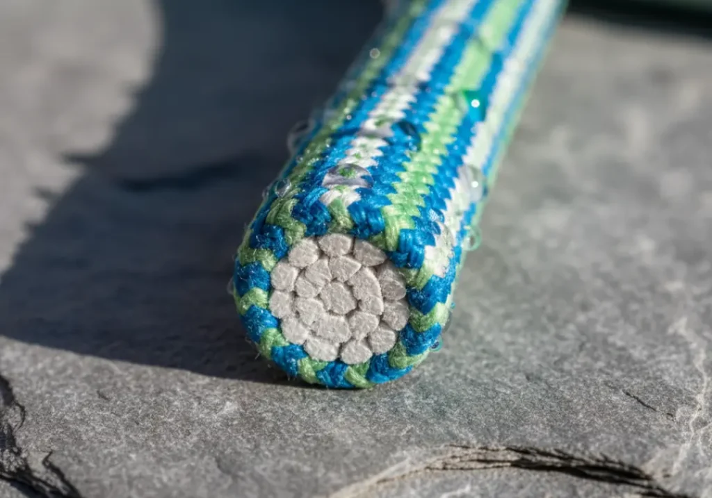 A macro close-up of a dry-treated climbing rope's cross-section, showing the inner core and outer sheath, with water beading up on the surface.