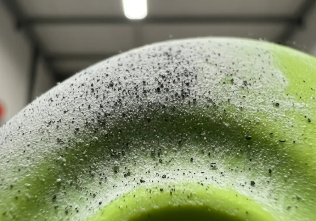 A macro photograph of an indoor climbing hold showing a clear buildup of fine black rubber dust and chalk, representing the unseen environmental footprint of climbing.