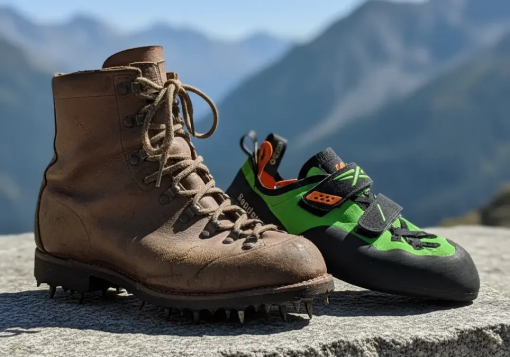 A vintage leather mountaineering boot with metal cleats sits next to a sleek, modern climbing shoe on a rock, showing the dramatic evolution of climbing footwear.
