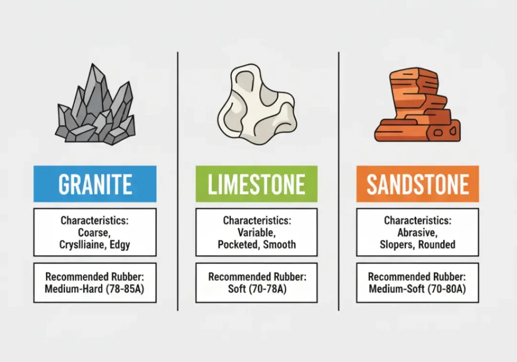 An infographic comparing climbing rubber recommendations for different rock types. It shows that granite requires medium-hard rubber, limestone is best with soft rubber, and sandstone pairs well with medium-soft rubber.