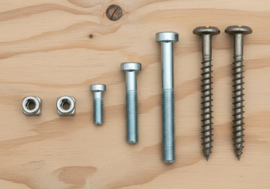 A close-up of essential climbing wall hardware, including T-nuts, bolts, and screws, arranged on a plywood surface.