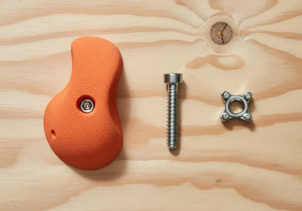 The four core components of a climbing wall system—a hold, bolt, T-nut, and plywood—are laid out neatly for inspection.