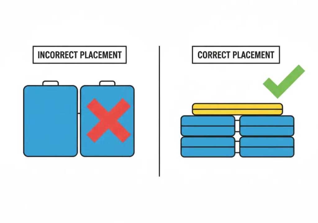 A two-panel diagram showing how to stack bouldering crash pads. The 'Incorrect' panel shows pads stacked with seams aligned, creating a gap. The 'Correct' panel shows the pads offset with a smaller slider pad covering the top seam.
