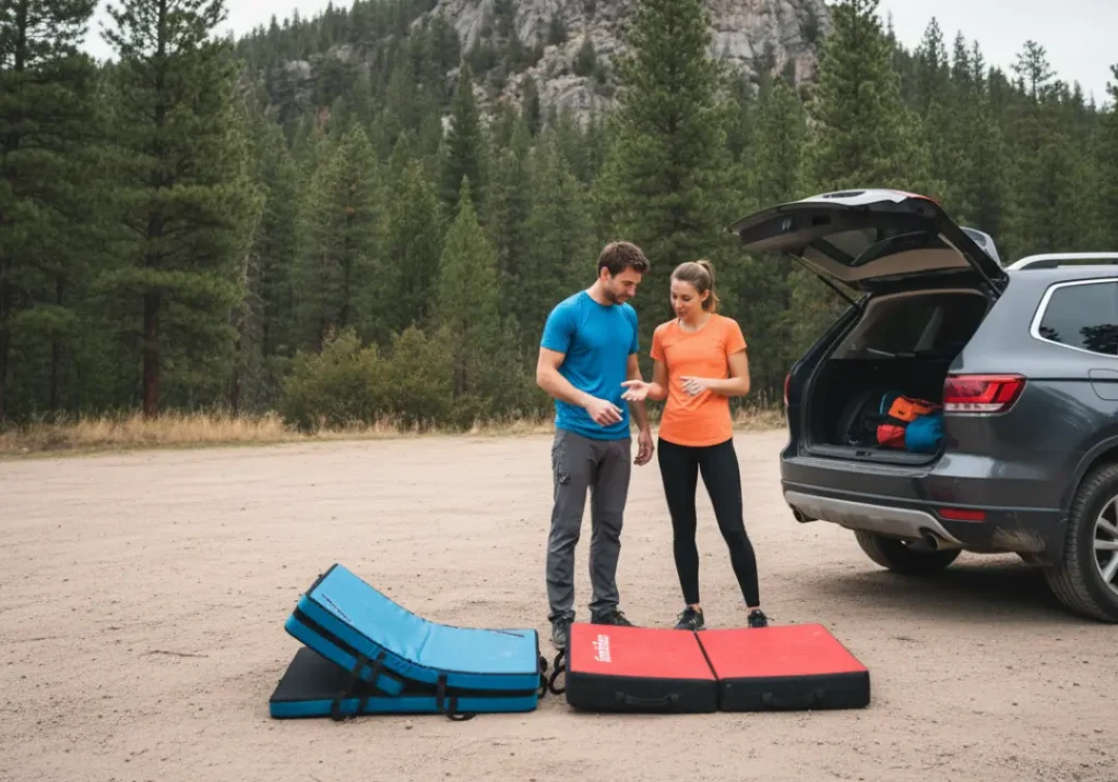 A young couple in climbing clothes comparing a taco-style and a hinge-style crash pad on the ground behind their SUV.