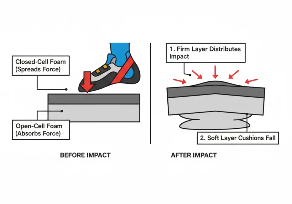 A two-panel diagram explaining how a crash pad foam core works. The first panel shows impact on a firm closed-cell foam layer and a soft open-cell foam layer. The second panel shows the firm layer spreading the force and the soft layer compressing to absorb it.