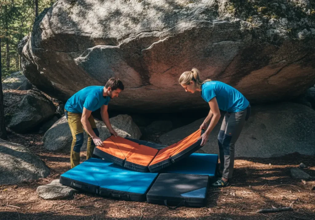 Two climbers in a forest setting strategically arranging a system of multiple crash pads to create a safe landing zone beneath a boulder.