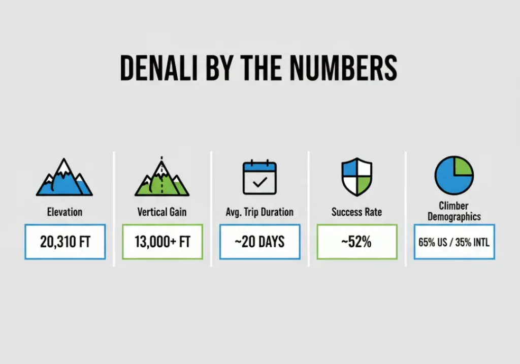 An infographic titled 'Denali by the Numbers' showing key statistics for climbing the mountain. It includes icons and figures for elevation at 20,310 feet, vertical gain of over 13,000 feet, an average trip duration of 20 days, a success rate of 52%, and a pie chart showing climber demographics as 65% US and 35% international.