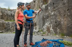 Dry Tooling for Beginners: A Step-by-Step Guide A fit young couple in climbing gear preparing for a dry tooling session at the base of a rock quarry.