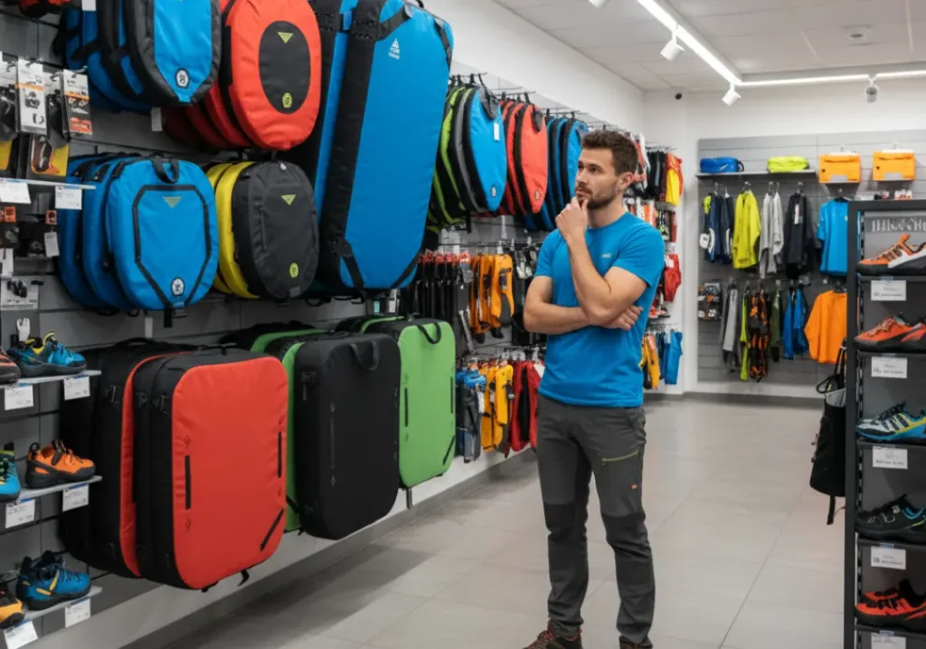 A full-body view of a man in his late 20s thoughtfully examining a wall of different crash pads in a climbing gear store.
