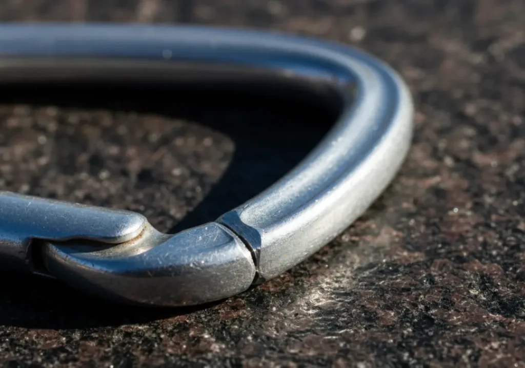 A close-up of a damaged climbing carabiner showing a deep, sharp rope groove, illustrating a primary cause of gear failure.
