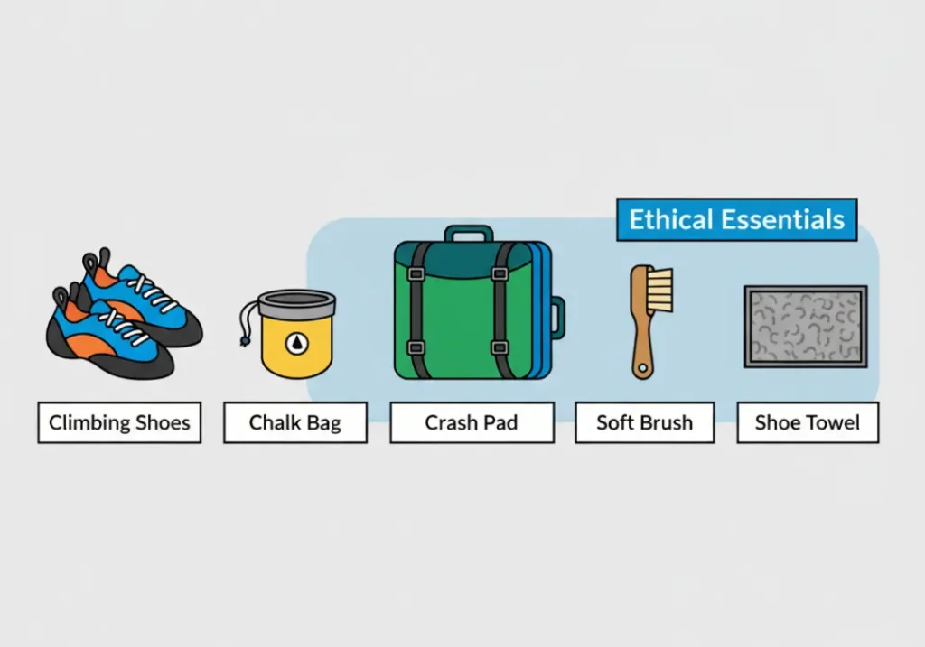 An infographic titled "The Bleausard's Ethical Kitbag" showing the five essential pieces of gear for Fontainebleau bouldering. The items are climbing shoes, a chalk bag, a crash pad, a soft brush, and a shoe towel, with the last two highlighted as 'Ethical Essentials' for preserving the rock.