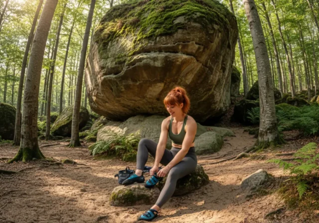 fontainebleau-bouldering-sustainable-beginners-guide A beautiful female climber with an athletic build prepares to boulder in the scenic forest of Fontainebleau, surrounded by sandstone rocks and trees.